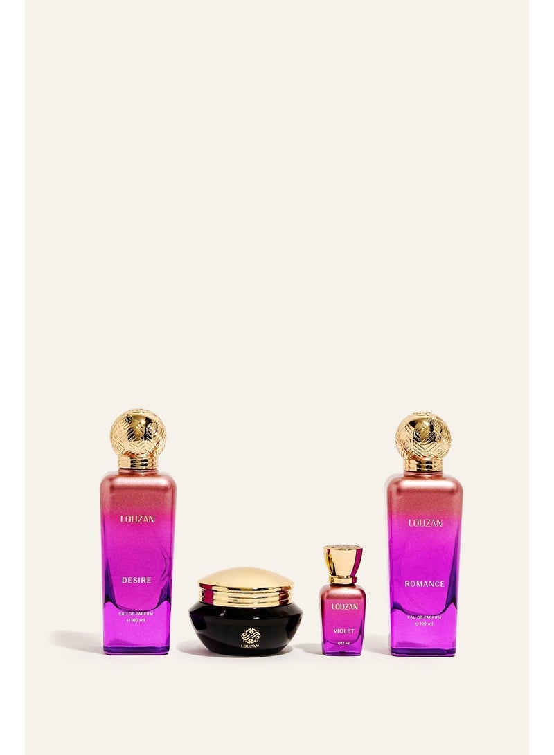 Louzan White Collection Purple Edition Perfume Gift Set – Desire 100ml, Romance 100ml, Violet Perfume Oil 12ml & Lail Dokhoon 30g - Image 3