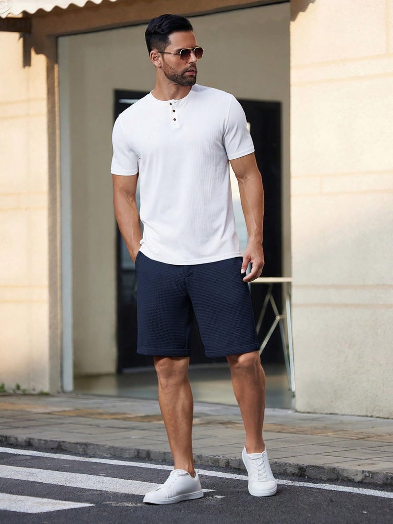 TAGDO Men's Woven Solid Color Short Mid-Rise Straight Leg Shorts (Shorts-Waffle-2027-Navy-XL) - Image 2