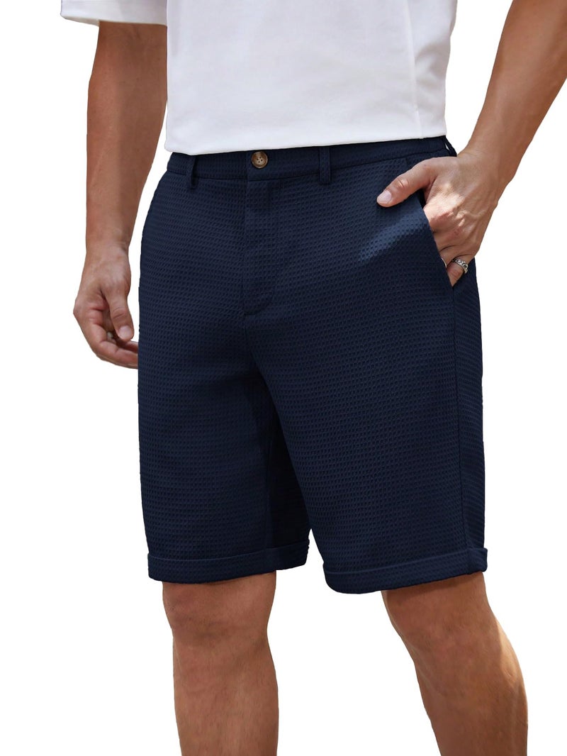 TAGDO Men's Woven Solid Color Short Mid-Rise Straight Leg Shorts (Shorts-Waffle-2027-Navy-XL) - Image 1