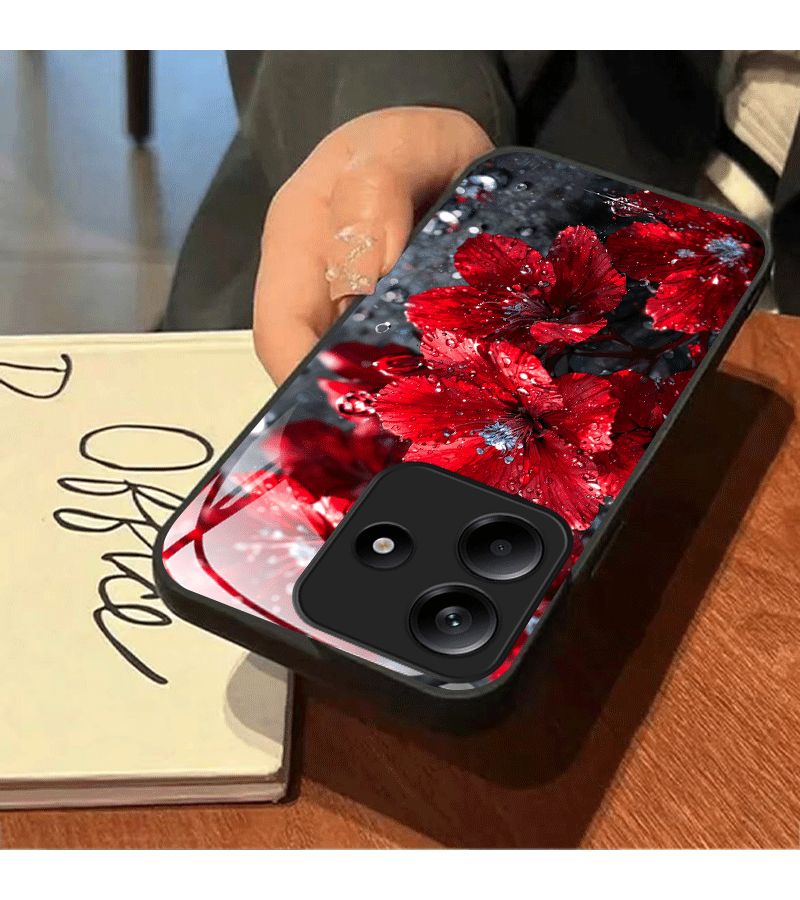 Water Droplet Red Flower Pattern Phone Case For Xiaomi Redmi Note 14 Series Redmi Note 13 Note 14 5G Pro Plus 4G Light Luxury High End Glass Cover