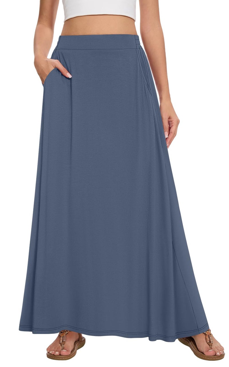 Leafsay Womens Maxi A-line Long Summer Skirt Elastic High Waist Flowy Skirt with Pockets(Blue Gray,M) - Image 1