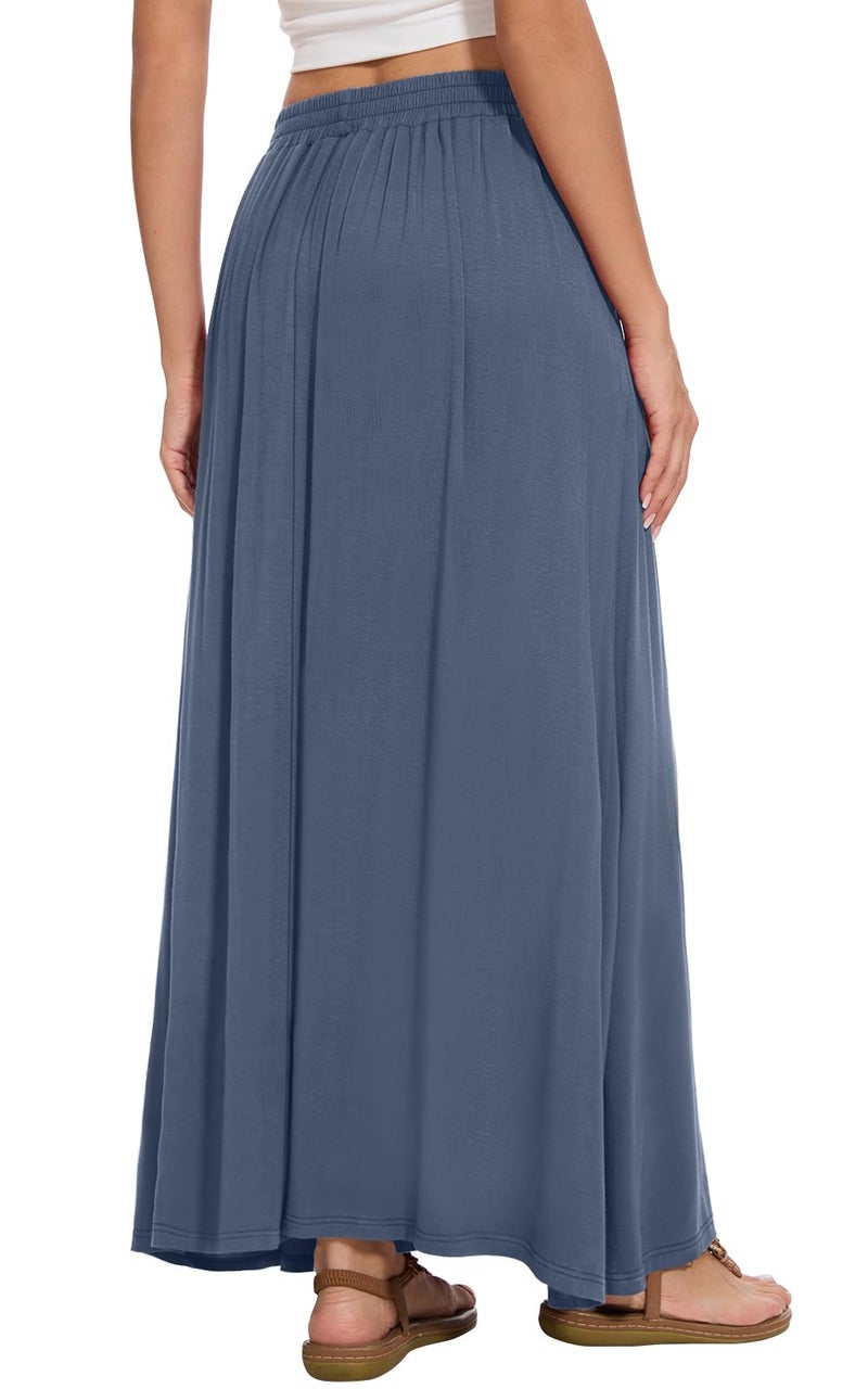 Leafsay Womens Maxi A-line Long Summer Skirt Elastic High Waist Flowy Skirt with Pockets(Blue Gray,M) - Image 3