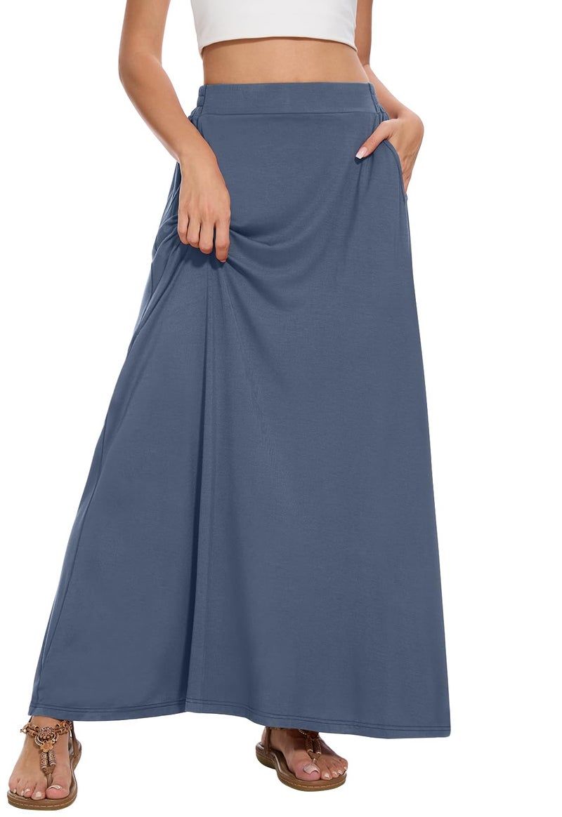 Leafsay Womens Maxi A-line Long Summer Skirt Elastic High Waist Flowy Skirt with Pockets(Blue Gray,M) - Image 2