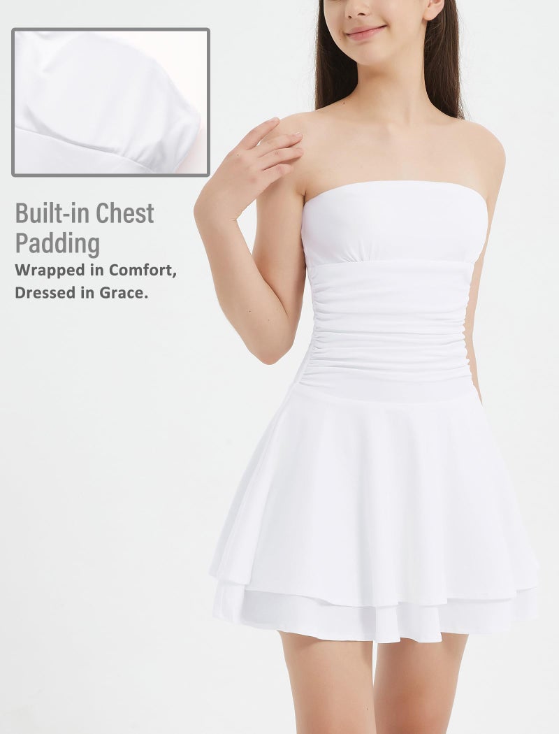 EXARUS Girls Dresses with Pads Strapless Teens Mini Short Off The Shoulder Sleeveless Ruffle Hem A-Line Flowy Ruched Dress Dance Party White 10Y - Image 2