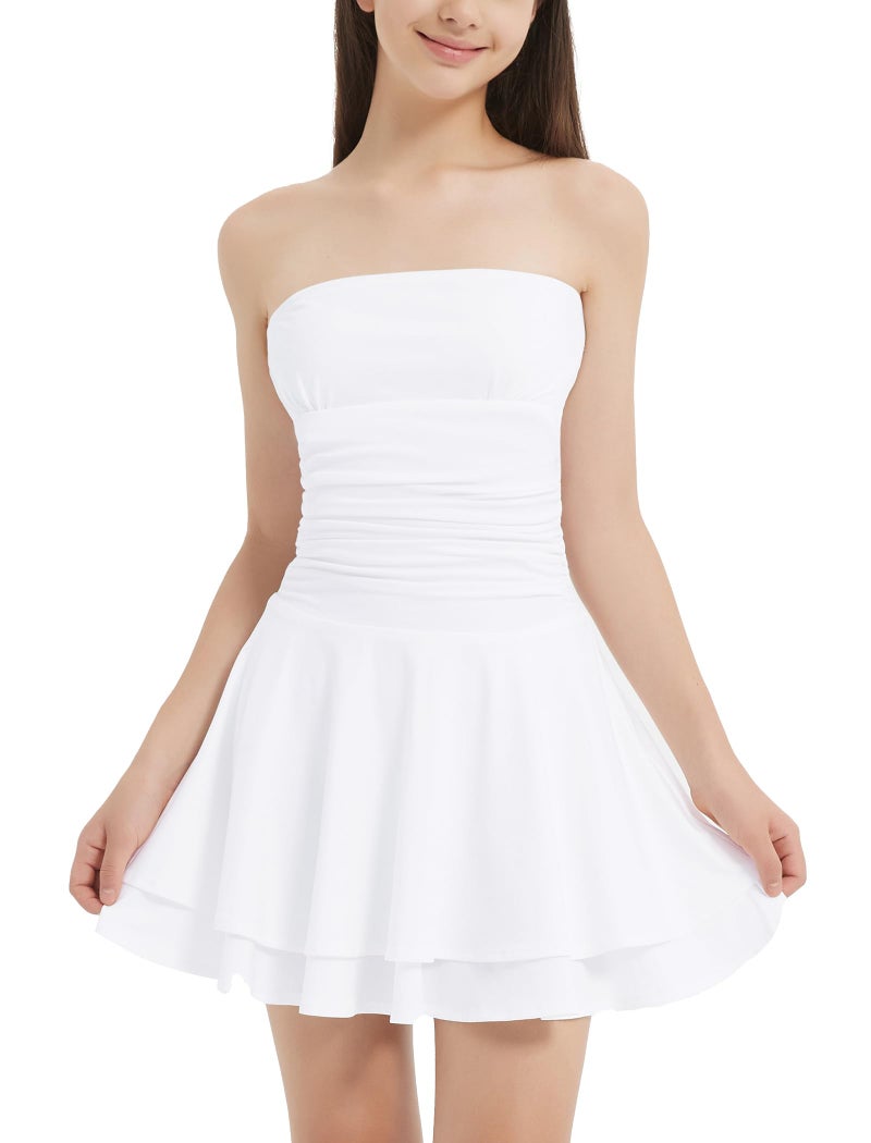 EXARUS Girls Dresses with Pads Strapless Teens Mini Short Off The Shoulder Sleeveless Ruffle Hem A-Line Flowy Ruched Dress Dance Party White 10Y - Image 1