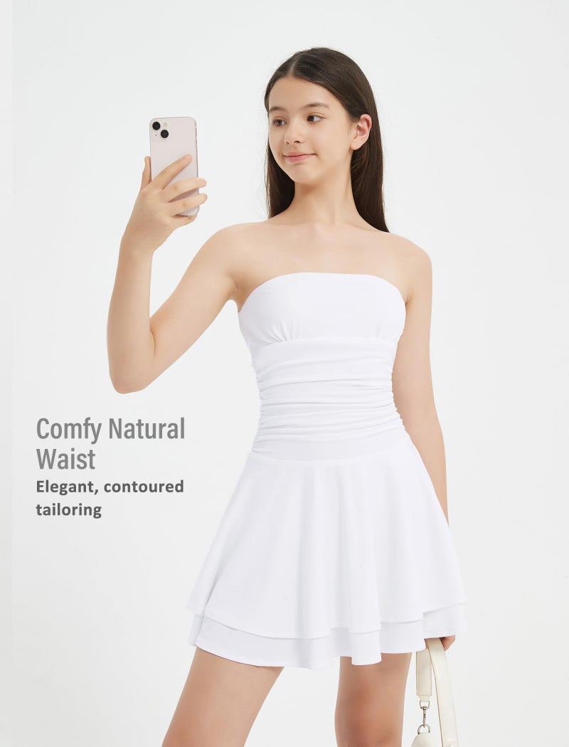 EXARUS Girls Dresses with Pads Strapless Teens Mini Short Off The Shoulder Sleeveless Ruffle Hem A-Line Flowy Ruched Dress Dance Party White 10Y - Image 5