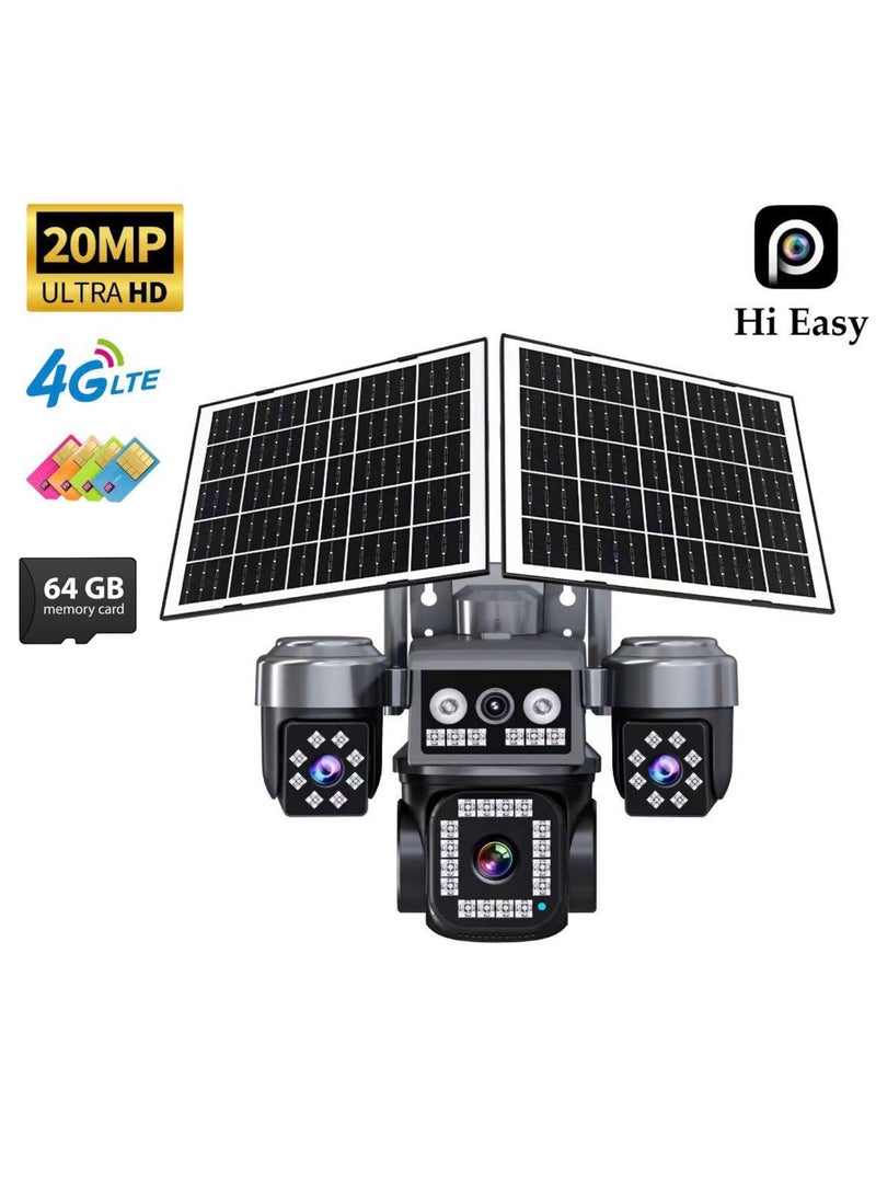 DIGI CORE 20MP 8K Ultra HD 4-Lens 360° Solar Security Camera, Outdoor 4G LTE CCTV Camera (SIM Internet Working Only) With Full-Color Night Vision, PIR + AI Human Detection, 2-Way Audio, Waterproof PTZ Camera with 64GB SD Card - Image 1