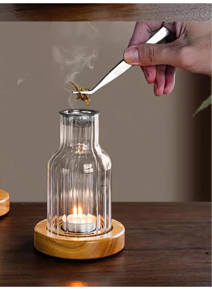 مبخرة عطر زجاجية مخططة رأسية عتيقة بقاعدة خشبية، مصباح عطر لعود والبخور والصندل، ديكور عطري للمنزل وغرف النوم - Image 3