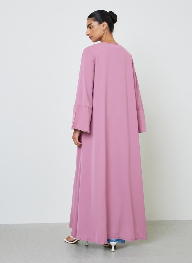 Amirah Pink Contrast Slit Sleeve Open Front Abaya - Image 3