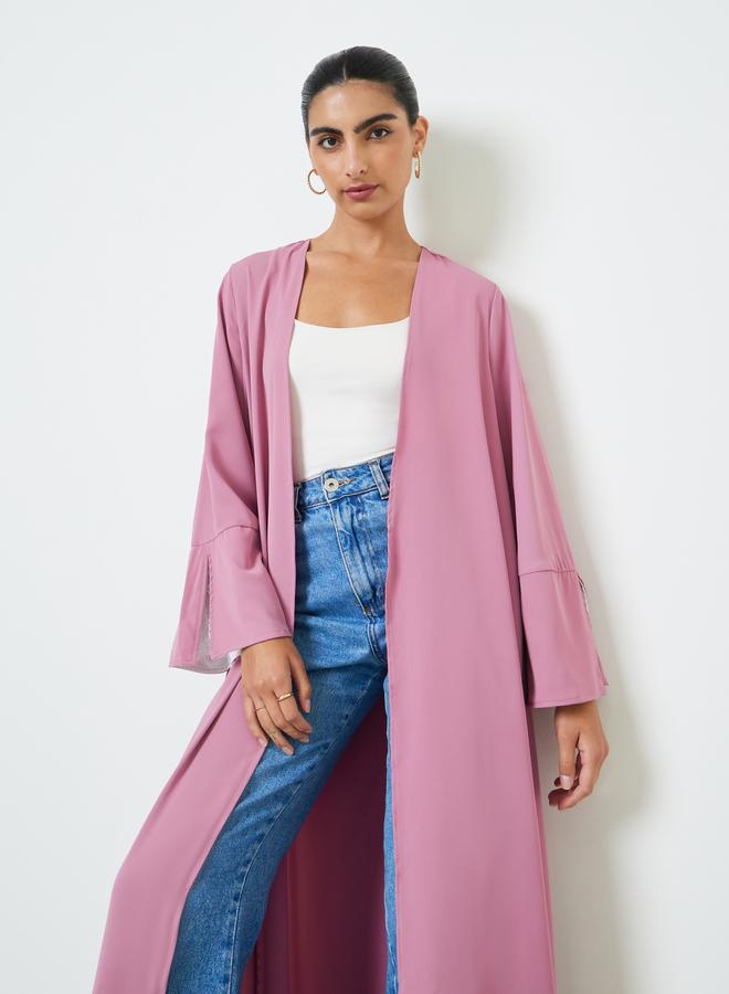 Amirah Pink Contrast Slit Sleeve Open Front Abaya - Image 2