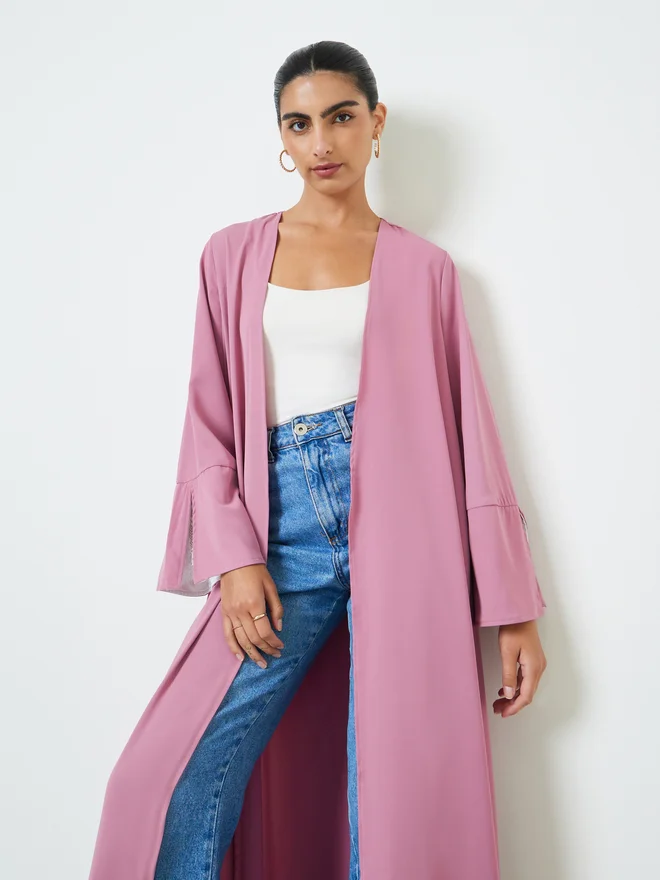 Styli Styli Pink Contrast Slit Sleeve Open Front Abaya
