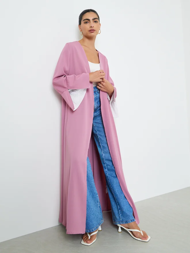 Styli Styli Pink Contrast Slit Sleeve Open Front Abaya