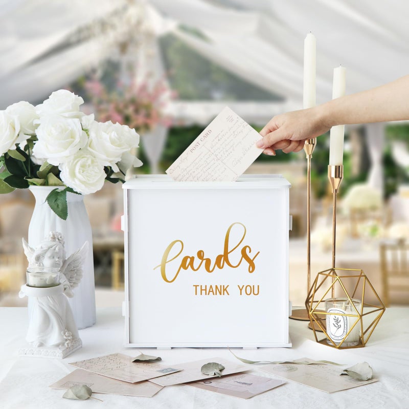 CYAOOI White Wedding Card Box with Slot, PVC Gift Card Box Holder for Wedding Reception, Gold Print Money Envelope Card Box for Party Graduation Birthday Baby Shower Decorations - Image 4