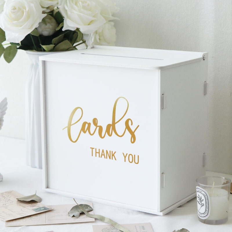 CYAOOI White Wedding Card Box with Slot, PVC Gift Card Box Holder for Wedding Reception, Gold Print Money Envelope Card Box for Party Graduation Birthday Baby Shower Decorations - Image 1