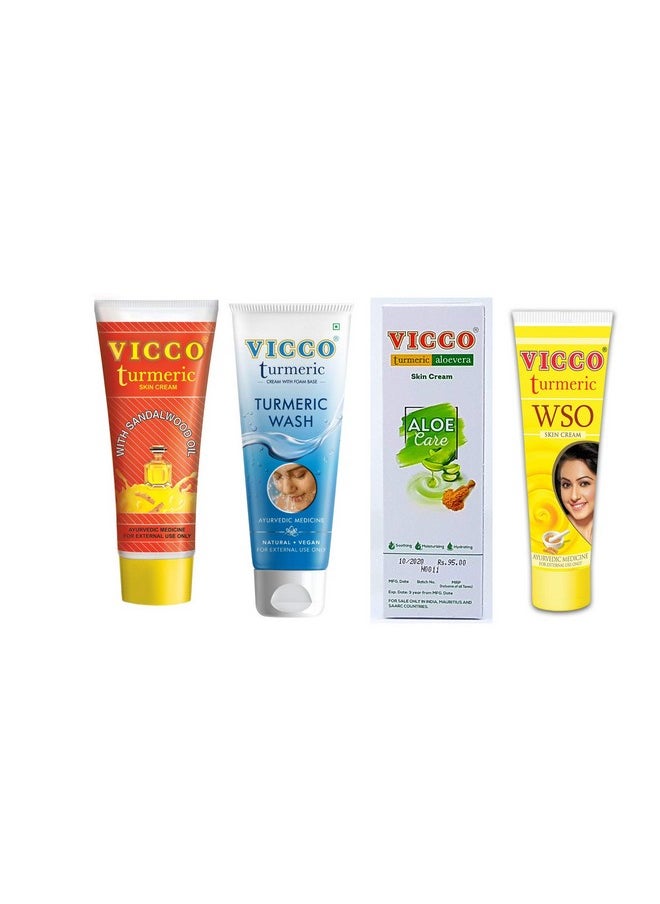 VICCO Glowing Skin Pack1 Facewash 70G + 1 Wso 60G + 1 Turmeric Cream 70G + 1 Aloe Vera 30G 