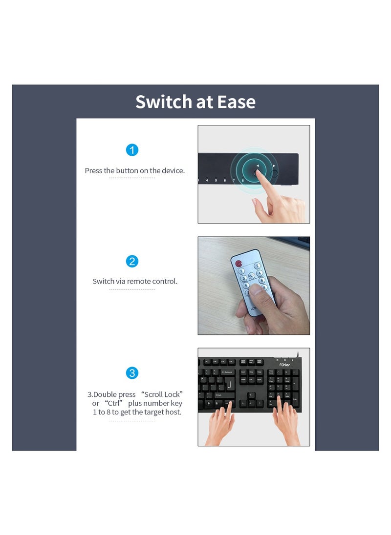 Generic 8 in 1 Out HDMI KVM Switch Sharing Monitor/Keyboard/Mouse/Printer among 8 Hosts/ 4K@30Hz/Audio&Video Sync Output Black  - Image 4