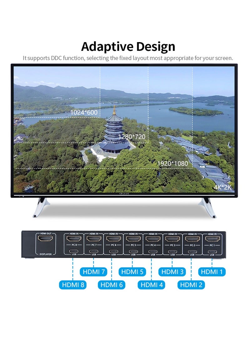 Generic - 8 in 1 Out HDMI KVM Switch Sharing Monitor/Keyboard/Mouse/Printer among 8 Hosts/ 4K@30Hz/Audio&Video Sync Output Black - Image 1