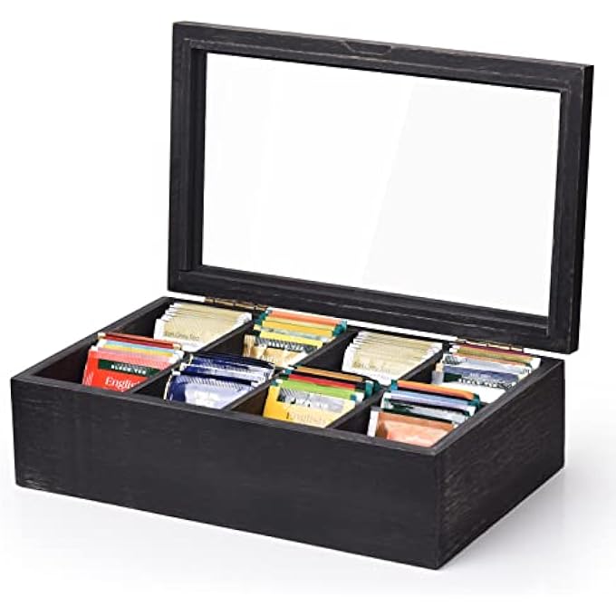 Alsonerbay Wooden Tea Box Tea Bag Holder Kitchen Storage Chest Box For Spice Pouches And Sugar Packets With 8 Compartments And Glass Window Weathered Black - Image 2