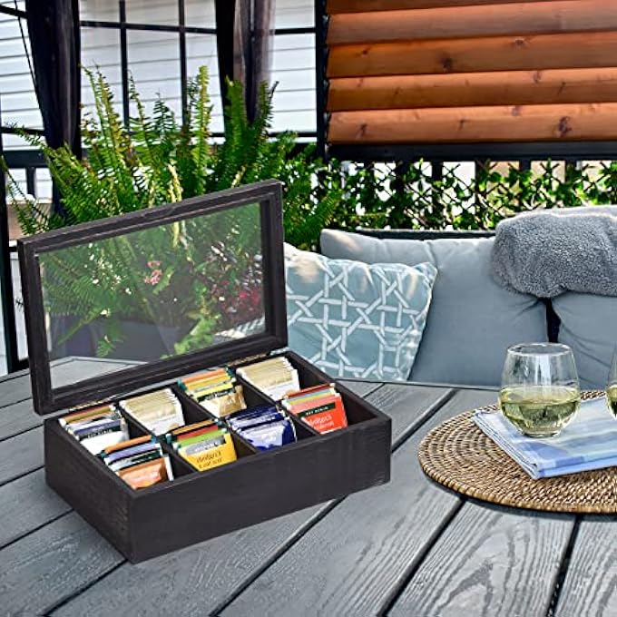 Alsonerbay Wooden Tea Box Tea Bag Holder Kitchen Storage Chest Box For Spice Pouches And Sugar Packets With 8 Compartments And Glass Window Weathered Black - Image 3
