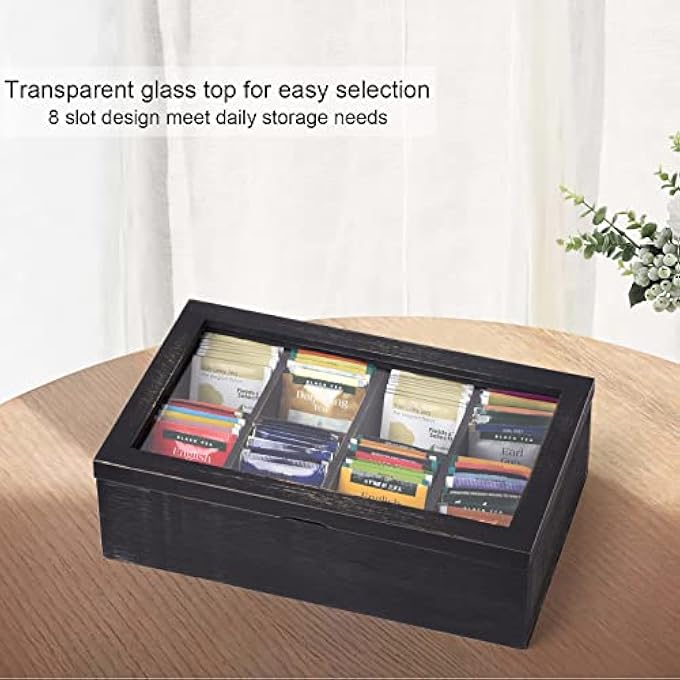 Alsonerbay Wooden Tea Box Tea Bag Holder Kitchen Storage Chest Box For Spice Pouches And Sugar Packets With 8 Compartments And Glass Window Weathered Black - Image 5