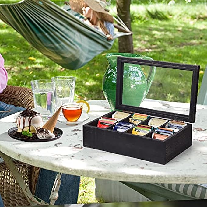 Alsonerbay Wooden Tea Box Tea Bag Holder Kitchen Storage Chest Box For Spice Pouches And Sugar Packets With 8 Compartments And Glass Window Weathered Black - Image 4
