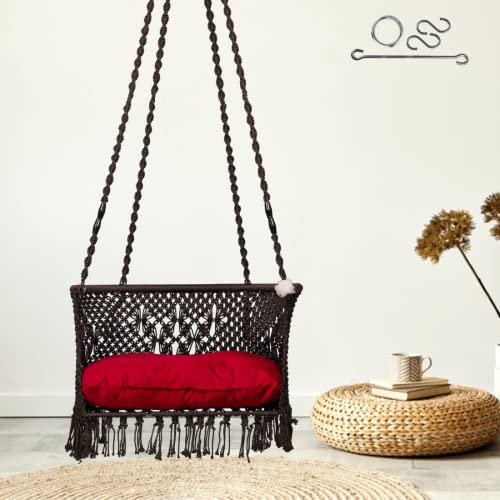 Patiofy C Shape Swing Chair for Balcony and Home - Premium Macrame Floral Design Jhula for Adults - Brown Polyester, 20 x 71 x 2.51 Cm - Image 1