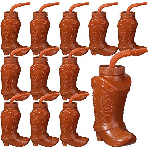 Hoolerry Cowboy Boot Cups with Lids and Straws 10 oz Party Cups Western Rodeo Party Supplies Favors Reusable Plastic DrinkwareBrown12 Pcs - Image 1