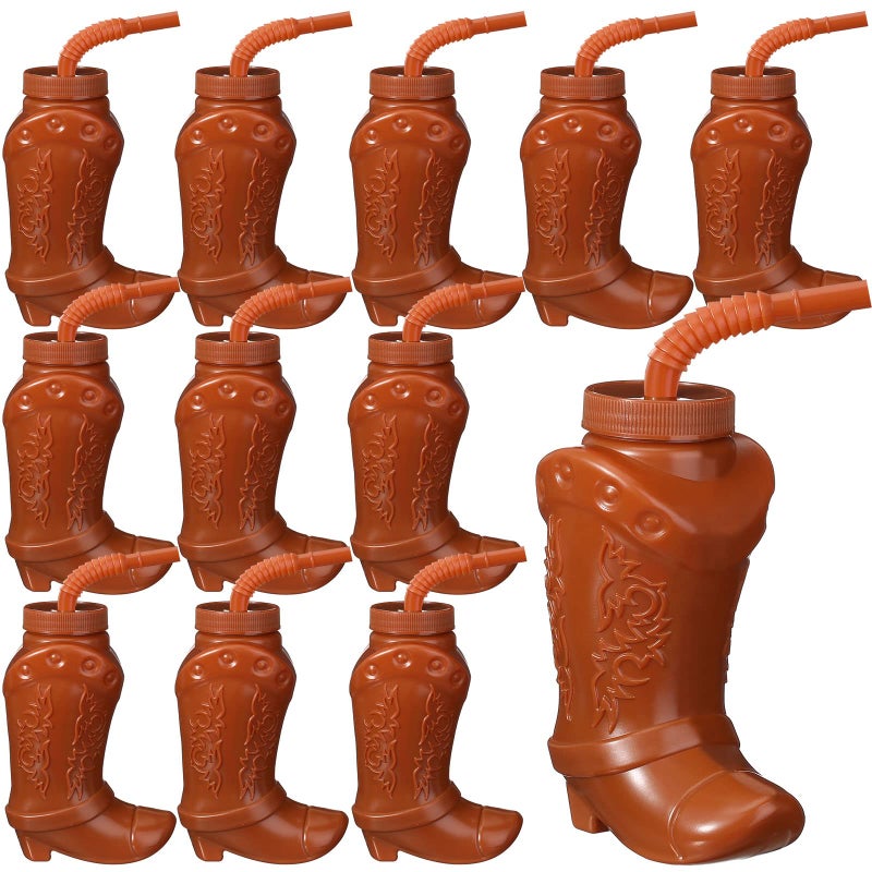Hoolerry Cowboy Boot Cups with Lids and Straws 10 oz Party Cups Western Rodeo Party Supplies Favors Reusable Plastic DrinkwareBrown12 Pcs - Image 2