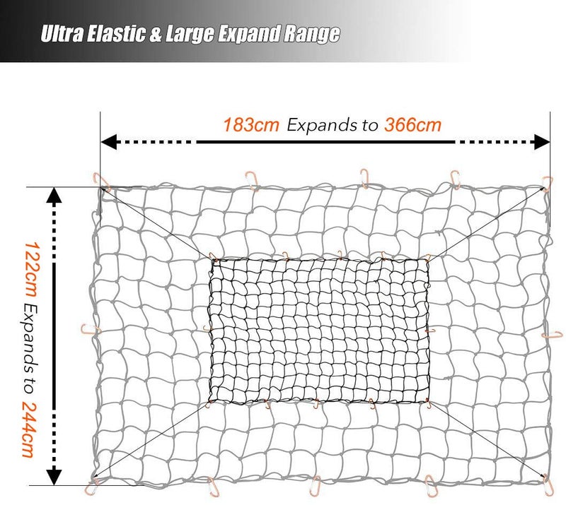 CZC AUTO Bungee Cargo Net 122x183cm Truck Bed Net Stretches to 244x366cm for Pickup Trailer RV SUV Boat | 10cm x 10cm Mesh Net Hold Small and Large |12 Tangle Free Carabiners | Super Duty - Image 2