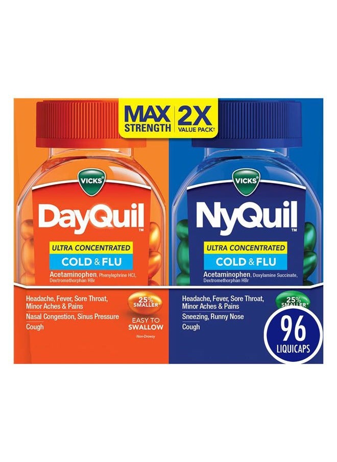 Vicks DayQuil & NyQuil Ultra Concentrated Liquicaps Co-Pack, Cold & Flu Medicine, Powerful Multi-Symptom Daytime & Nighttime Relief for Headache, Fever, Sore Throat, Minor Aches & Pains, & Cough, 96ct  - Image 1