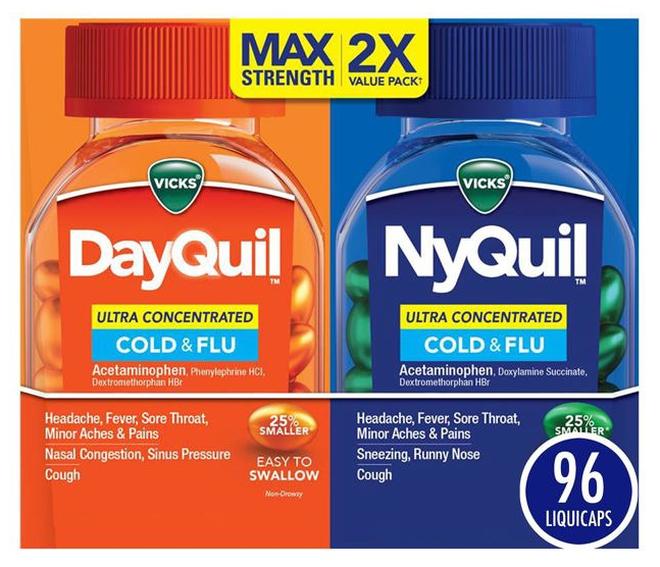 Vicks DayQuil & NyQuil Ultra Concentrated Liquicaps Co-Pack, Cold & Flu Medicine, Powerful Multi-Symptom Daytime & Nighttime Relief for Headache, Fever, Sore Throat, Minor Aches & Pains, & Cough, 96ct - Image 1