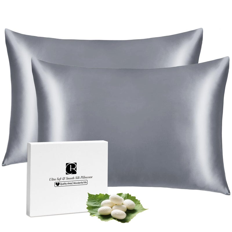Ravmix Silk Pillow Cases 2 Pack with Zipper 21momme Mulberry Silk Pillowcase for Hair Skin Soft Smooth Breathable Cool Pillow Cover for Beauty Sleep with Gift BoxStandard 20x26 Lilac Grey