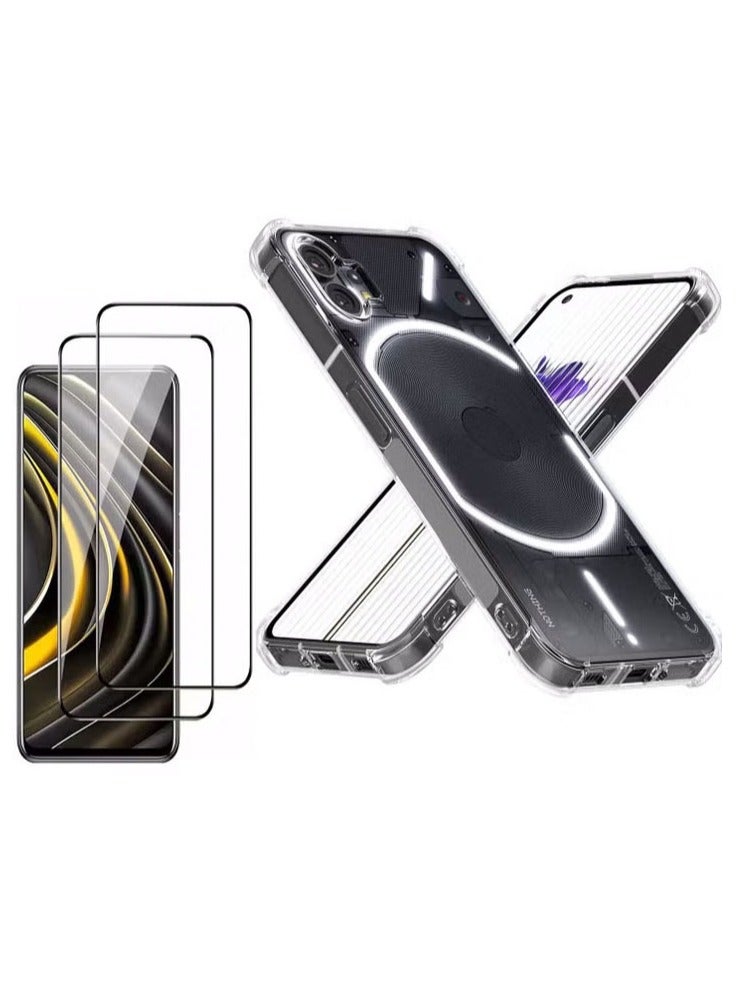 1+2 Case for Nothing Phone 1, with Tempered Glass Screen Protector 2 Pcs, Soft Slim Cover Transparent Flexible TPU Back Hard PC Frame Bumper Reinforced Corners Cover ,Nothing Phone 1(Clear)