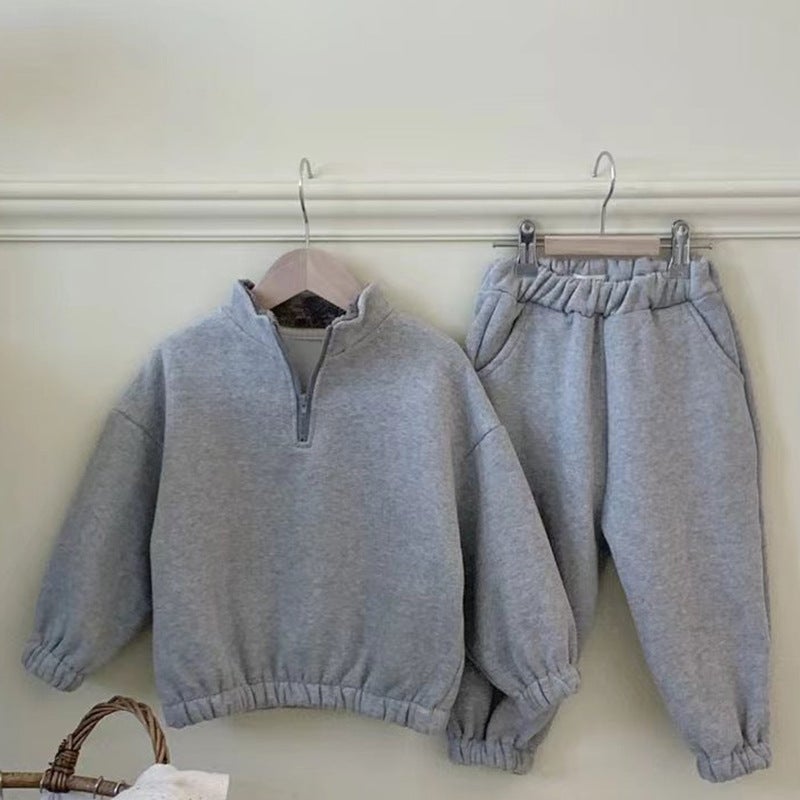 Boys and girls ins autumn and winter New suit Korean style zipper pullover sports fleece thickened sweater casual two-piece set Gray. 