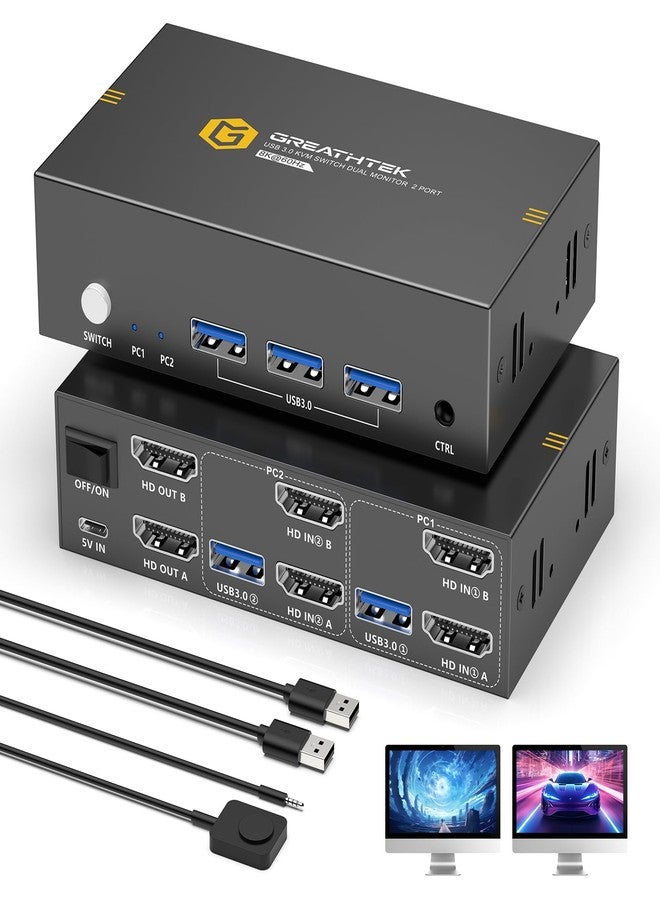 GREATHTEK 8K HDMI KVM Switch 2 Monitors 2 Computers,8K@60HZ USB3.0 Dual Monitors KVM Switches for 2 PC/Laptops Share Mouse Keyboard and 2 Screens,with 2 USB Cables/Controller,EDID Adapative,Plug&Play - Image 1