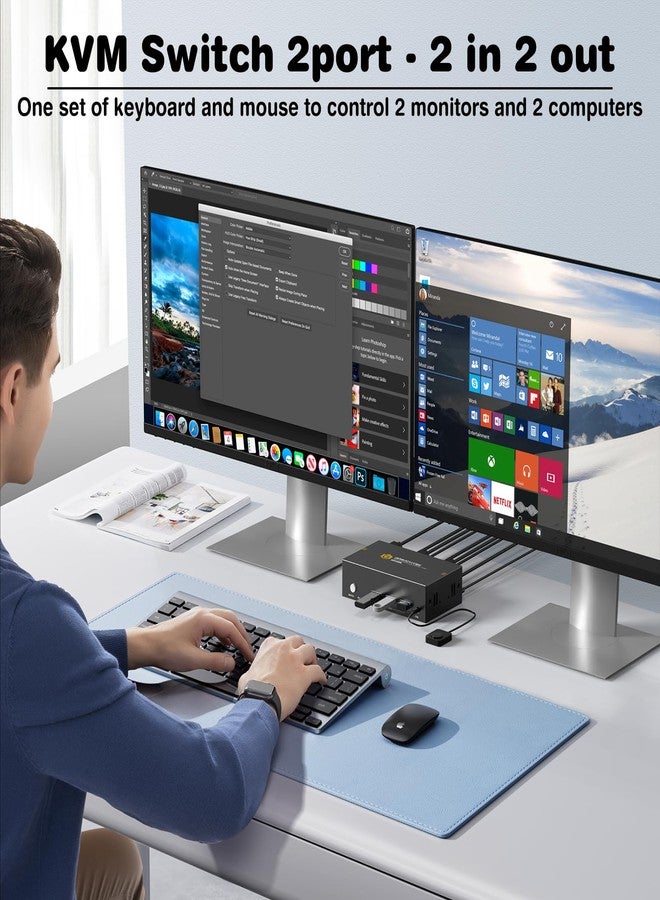 GREATHTEK 8K HDMI KVM Switch 2 Monitors 2 Computers,8K@60HZ USB3.0 Dual Monitors KVM Switches for 2 PC/Laptops Share Mouse Keyboard and 2 Screens,with 2 USB Cables/Controller,EDID Adapative,Plug&Play - Image 4