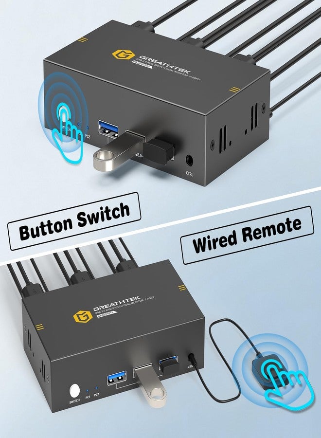 GREATHTEK 8K HDMI KVM Switch 2 Monitors 2 Computers,8K@60HZ USB3.0 Dual Monitors KVM Switches for 2 PC/Laptops Share Mouse Keyboard and 2 Screens,with 2 USB Cables/Controller,EDID Adapative,Plug&Play - Image 5