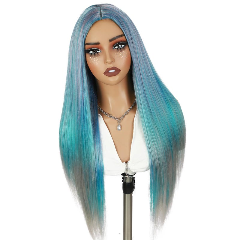 WIGER 28 Inches Long Straight Rainbow Wigs Bluish Green Layered Hair Middle Part Piano Color Wigs Synthetic Mermaid Wig Heat Resistant Costumes Wig for Daily or Party - Image 5