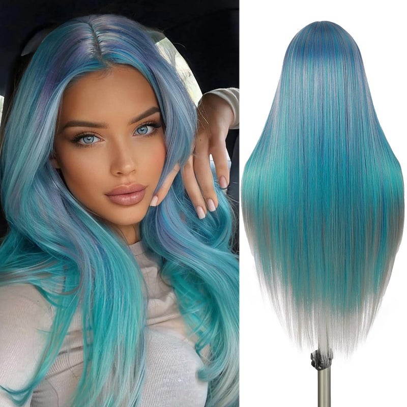 WIGER 28 Inches Long Straight Rainbow Wigs Bluish Green Layered Hair Middle Part Piano Color Wigs Synthetic Mermaid Wig Heat Resistant Costumes Wig for Daily or Party - Image 1