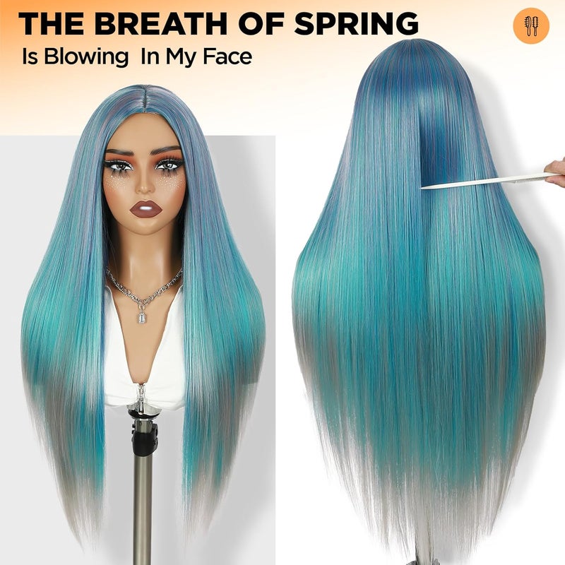 WIGER 28 Inches Long Straight Rainbow Wigs Bluish Green Layered Hair Middle Part Piano Color Wigs Synthetic Mermaid Wig Heat Resistant Costumes Wig for Daily or Party - Image 4
