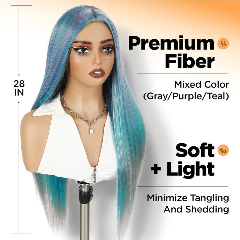 WIGER 28 Inches Long Straight Rainbow Wigs Bluish Green Layered Hair Middle Part Piano Color Wigs Synthetic Mermaid Wig Heat Resistant Costumes Wig for Daily or Party - Image 3
