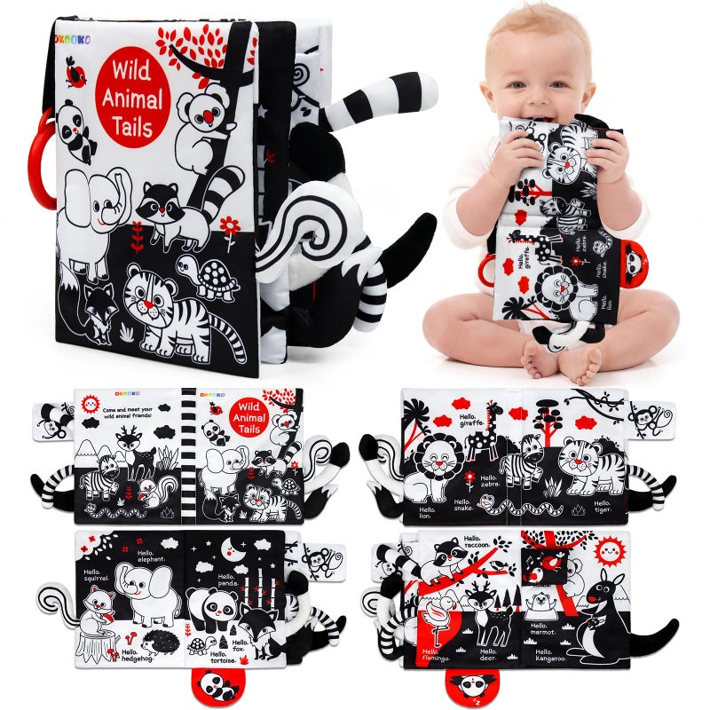 OKOOKO Soft Baby Book Black and White High Contrast Animals Tails Book Bath Toy Montessori Sensory Stroller Toy Non-Toxic Crinkle Washable Early Education for Baby Infant Toddler - Image 1