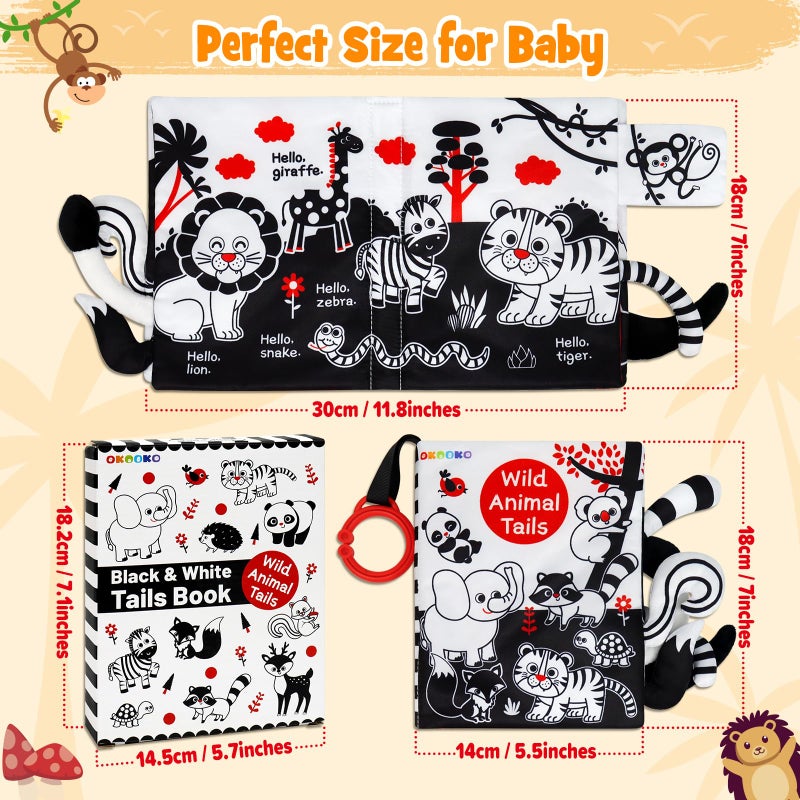 OKOOKO Soft Baby Book Black and White High Contrast Animals Tails Book Bath Toy Montessori Sensory Stroller Toy Non-Toxic Crinkle Washable Early Education for Baby Infant Toddler - Image 2