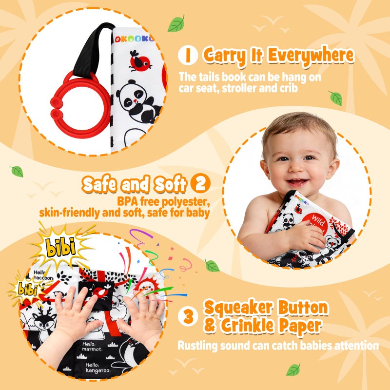 OKOOKO Soft Baby Book Black and White High Contrast Animals Tails Book Bath Toy Montessori Sensory Stroller Toy Non-Toxic Crinkle Washable Early Education for Baby Infant Toddler - Image 4