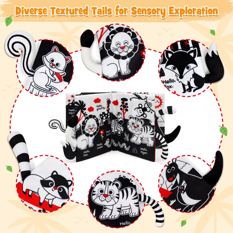 OKOOKO Soft Baby Book Black and White High Contrast Animals Tails Book Bath Toy Montessori Sensory Stroller Toy Non-Toxic Crinkle Washable Early Education for Baby Infant Toddler - Image 3