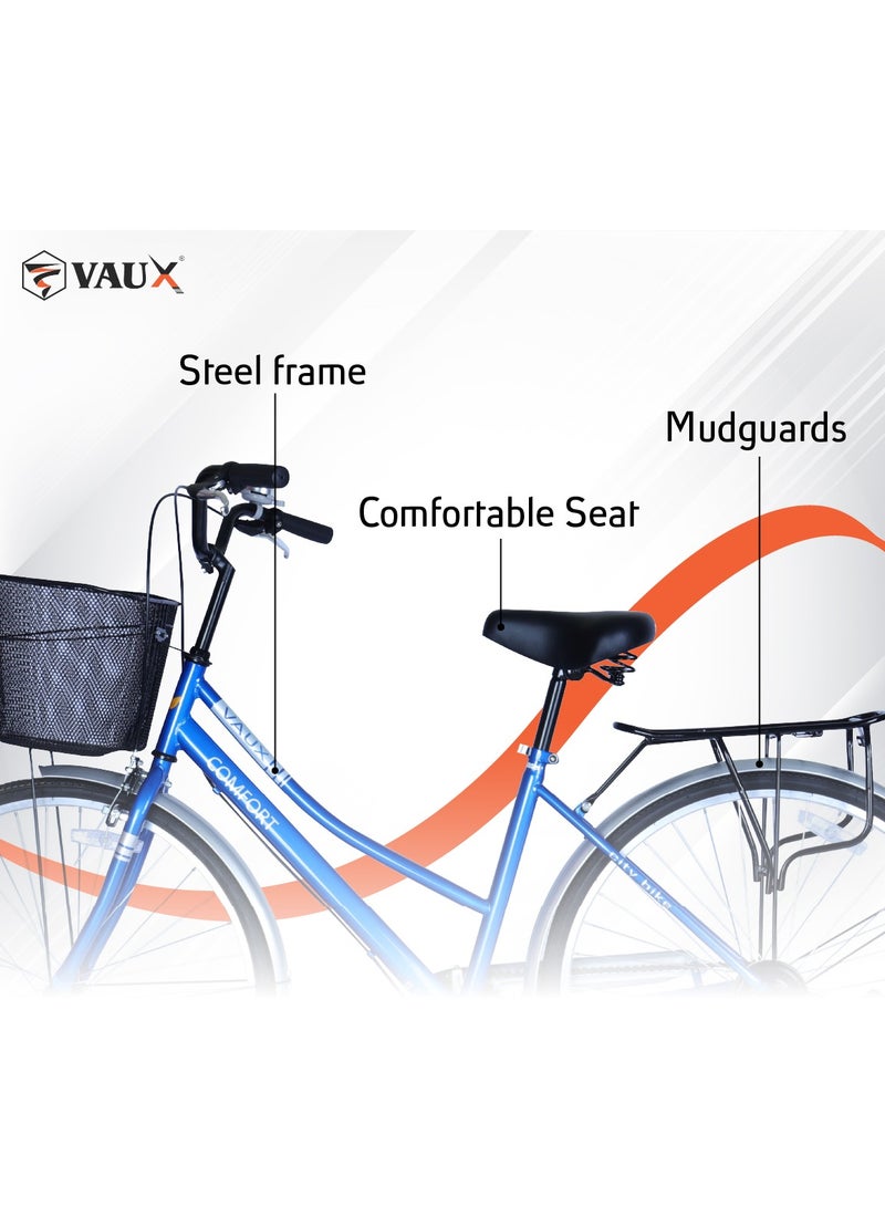 Vaux Comfort City Cruiser Bike || 26 Inch Wheel Size || For Adults || Adjustable Seat || Sturdy Steel Frame || Front Basket || Back Carrier || Pink - Image 2