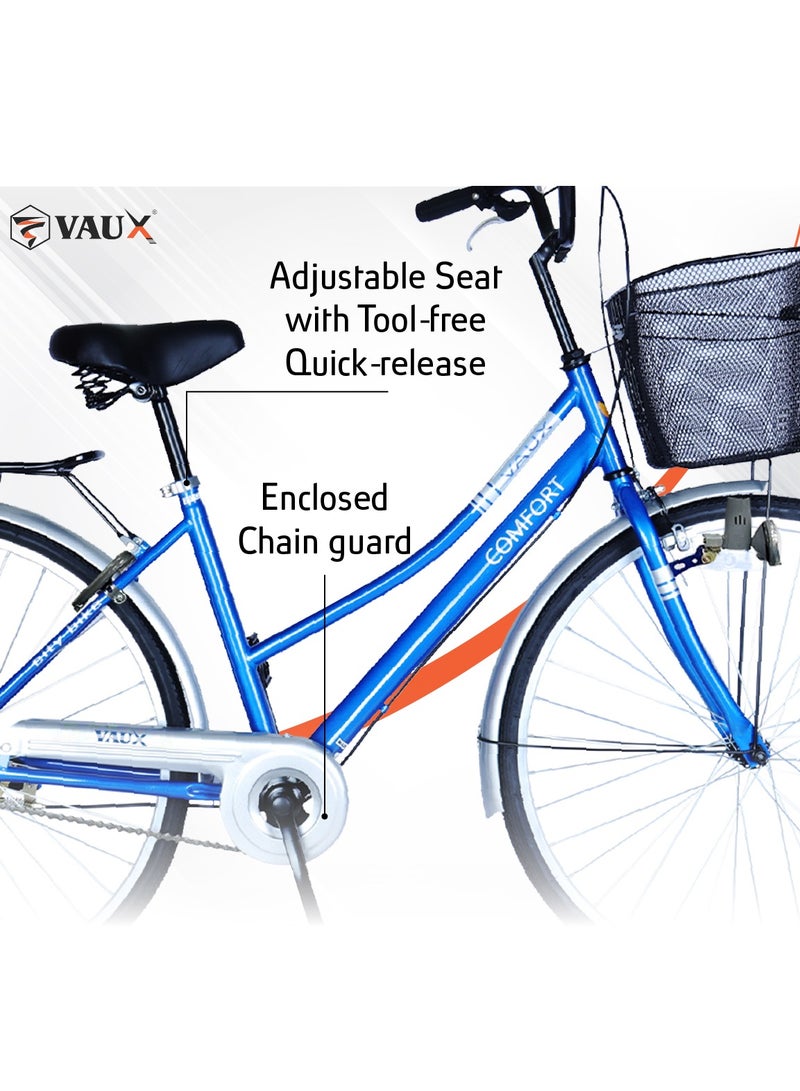 Vaux Comfort City Cruiser Bike || 26 Inch Wheel Size || For Adults || Adjustable Seat || Sturdy Steel Frame || Front Basket || Back Carrier || Pink - Image 4