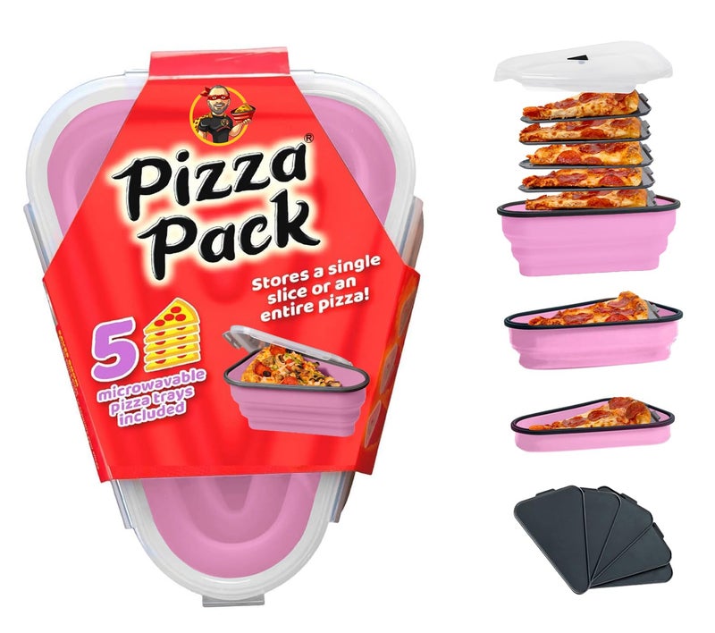 PIZZA PACK حزمة البيتزا حاوية تخزين بيتزا مثالية مع 5 صواني قابلة للخدمة ميكروويف - حاوية شريحة بيتزا قابلة للتعديل خالية من BPA لتنظيم وتوفير الفضاء الوردي - Image 1