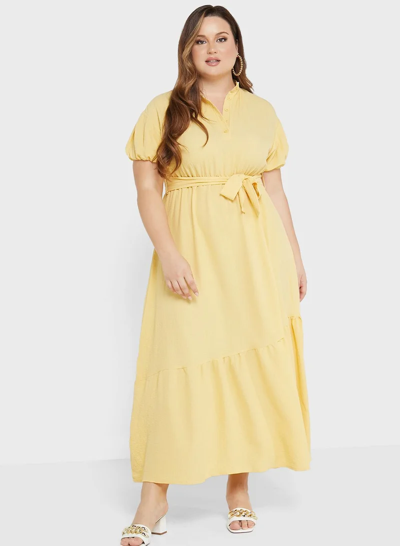 Ella Plus Tiered Belted Puff Sleeve Dress