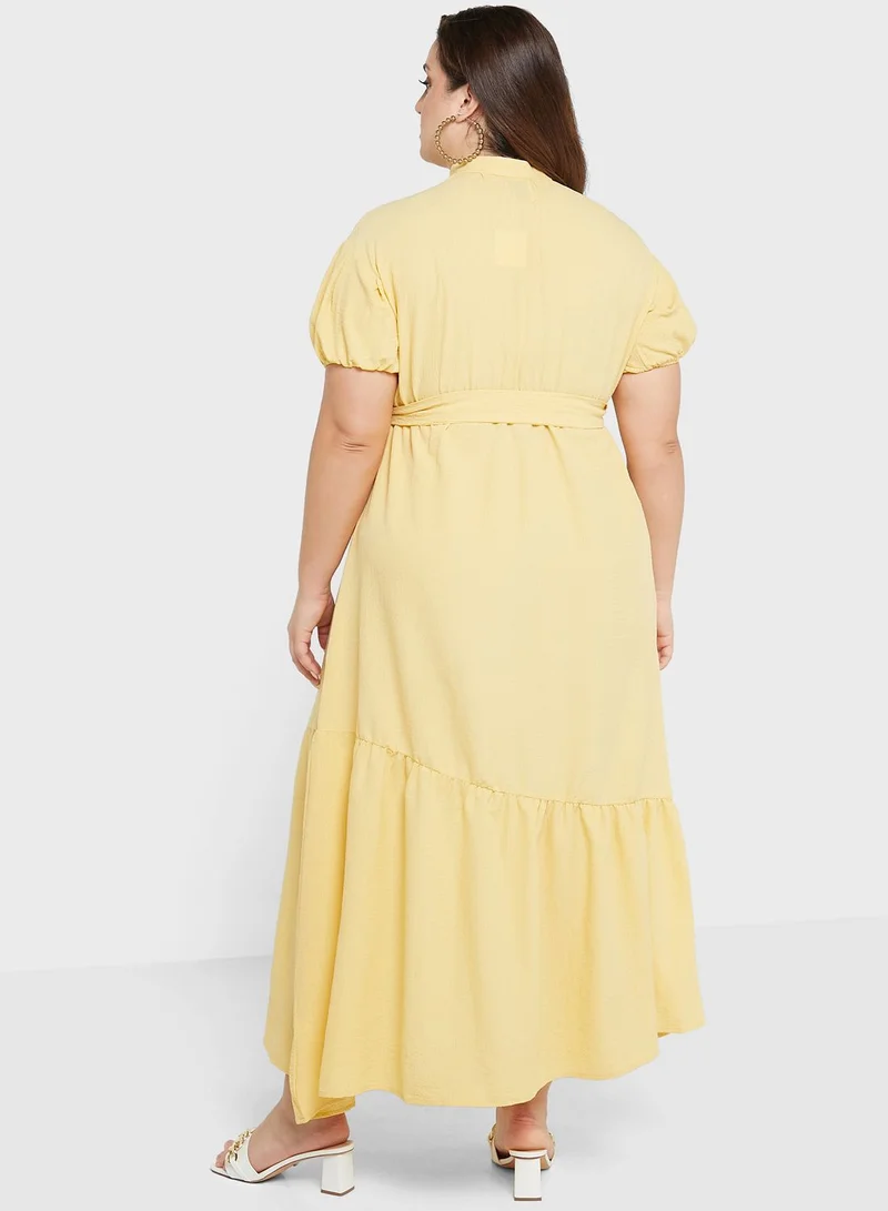 Ella Plus Tiered Belted Puff Sleeve Dress